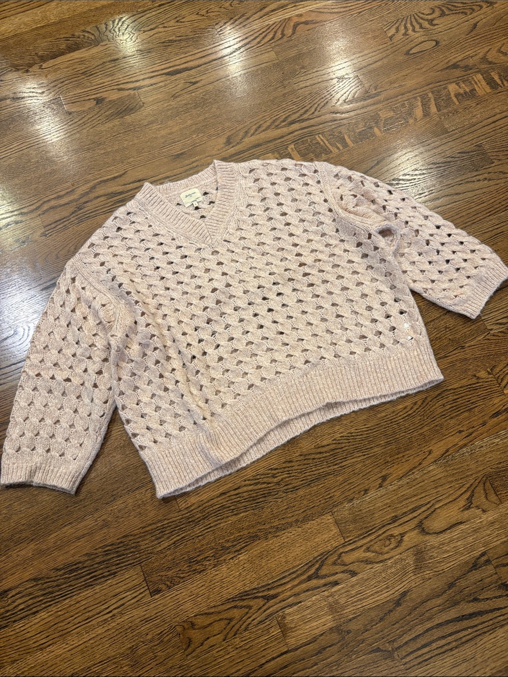 Bellerose V-Neck Openwork Knit Sweater in Pale Pink, mohair wool, size 2